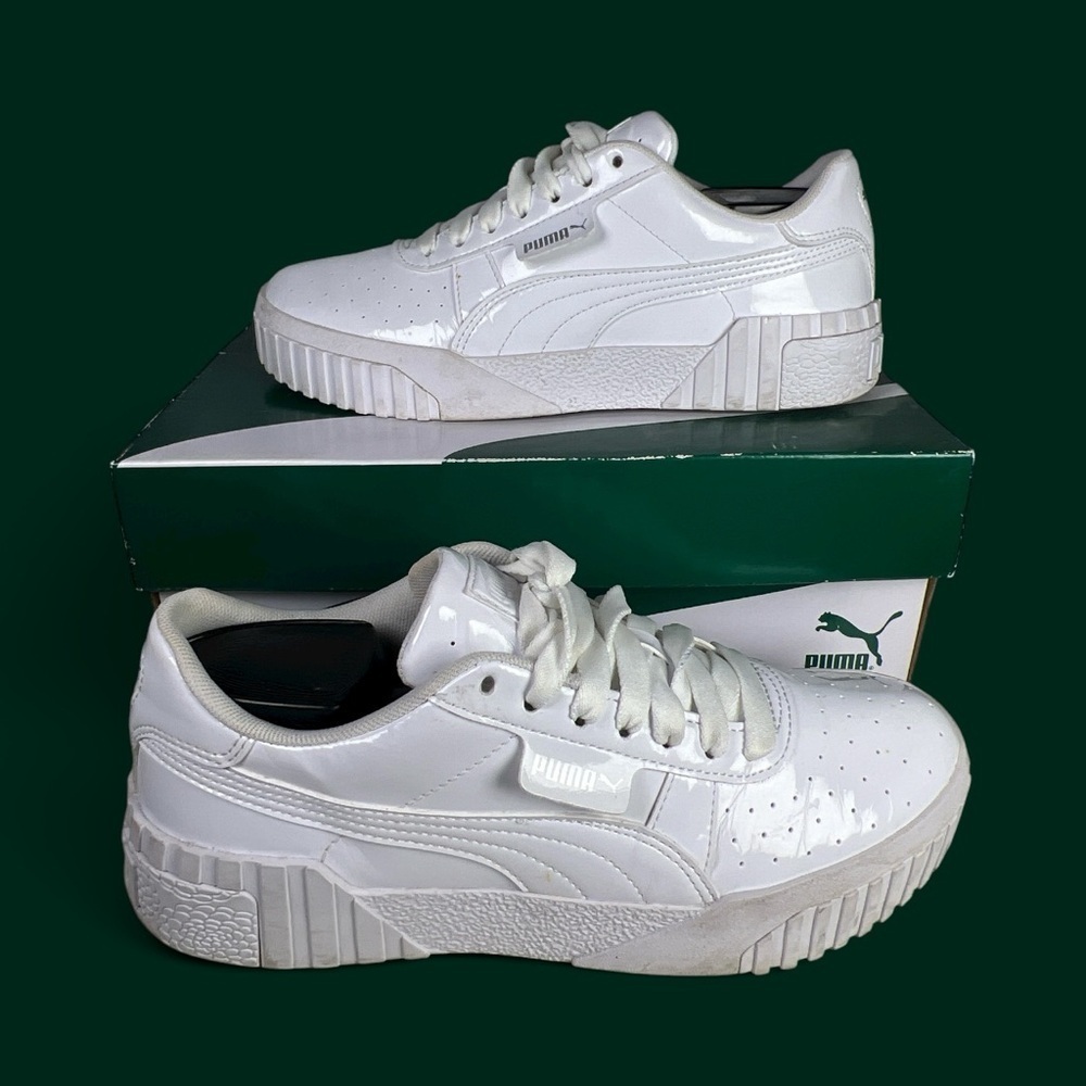 Puma Cali Patent Jr Youth Triple White Sneakers 370139-01 Size 6.5 Youth